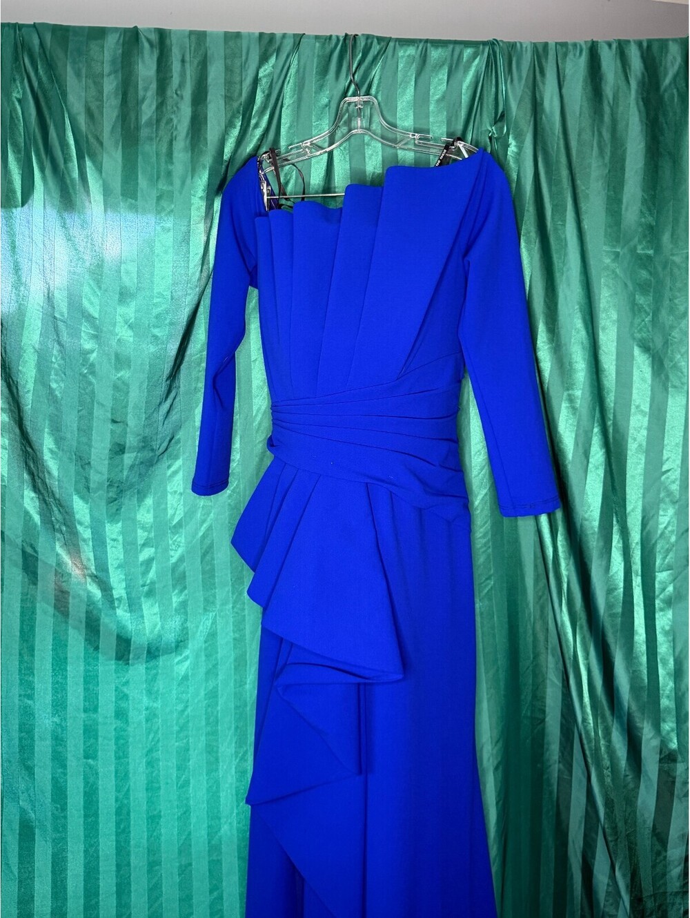 Tadashi Shoji Royal Blue Architectural Pleated Cold Shoulder Dress Gown